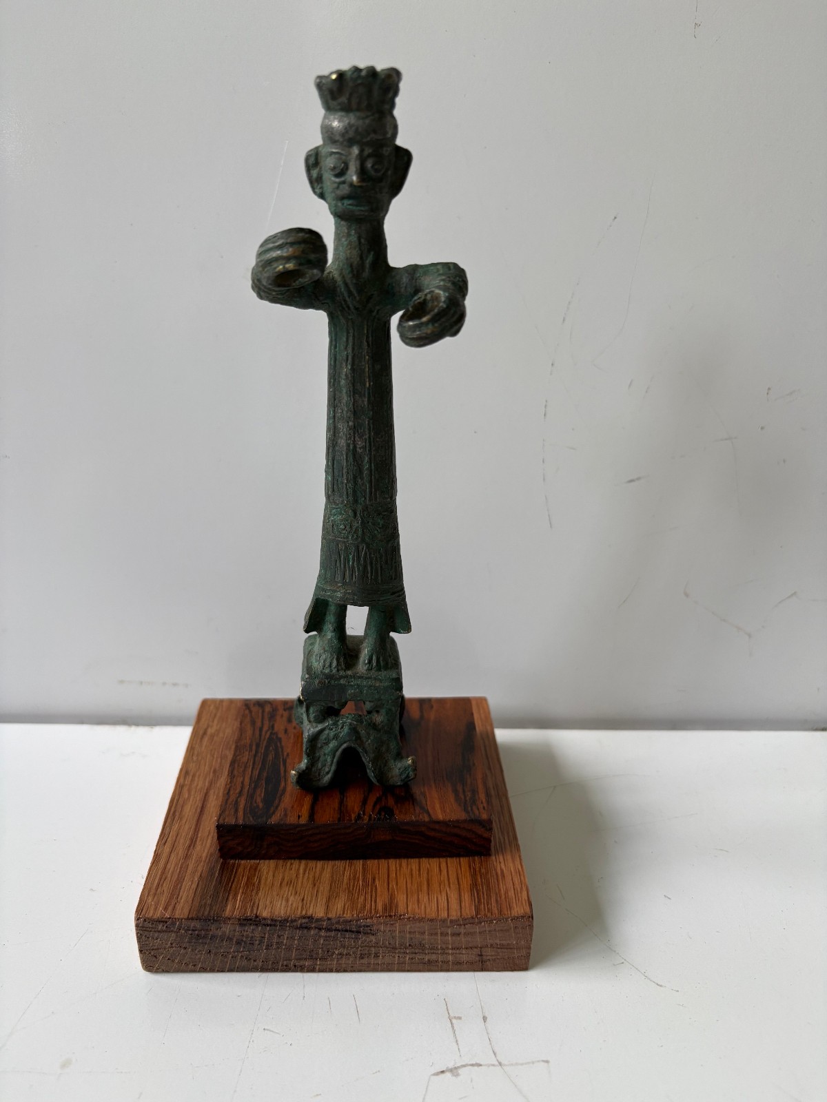 Archaic Asian (?) Vintage Bronze Figure 7″ Tall Age Unknown on Wood Base