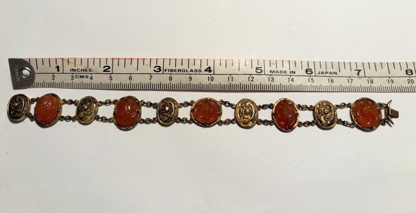 1920-30’s Chinese Export Carnelian Etruscan / Scarab Vermeil Bracelet 7.25″ 15g