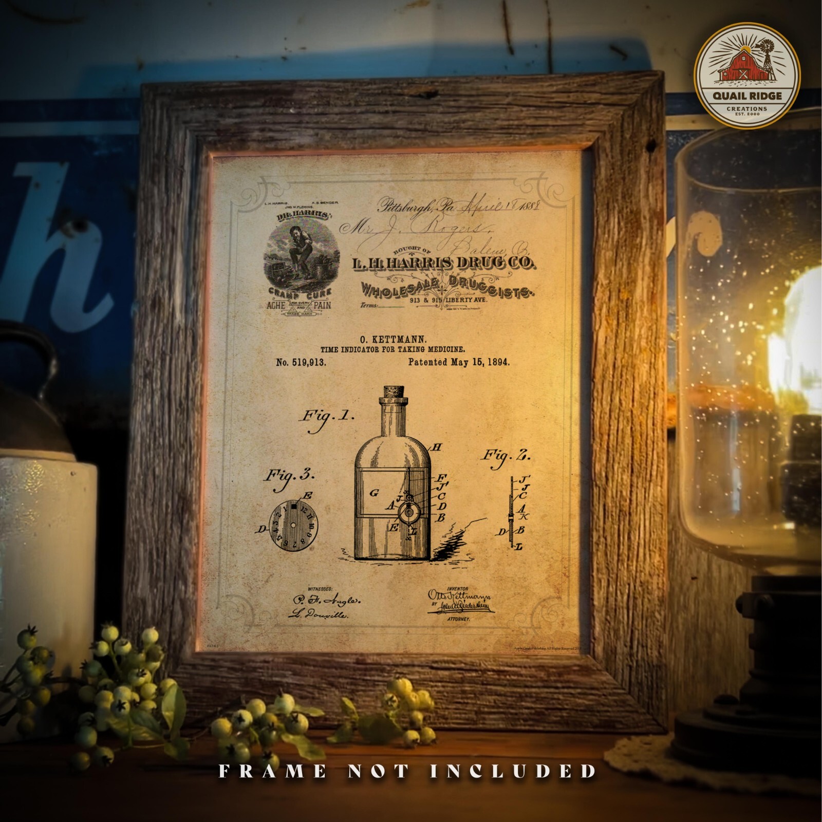 Pharmacy Druggists Patent Art Print Vintage Medicine Bottle Office Wall Decor