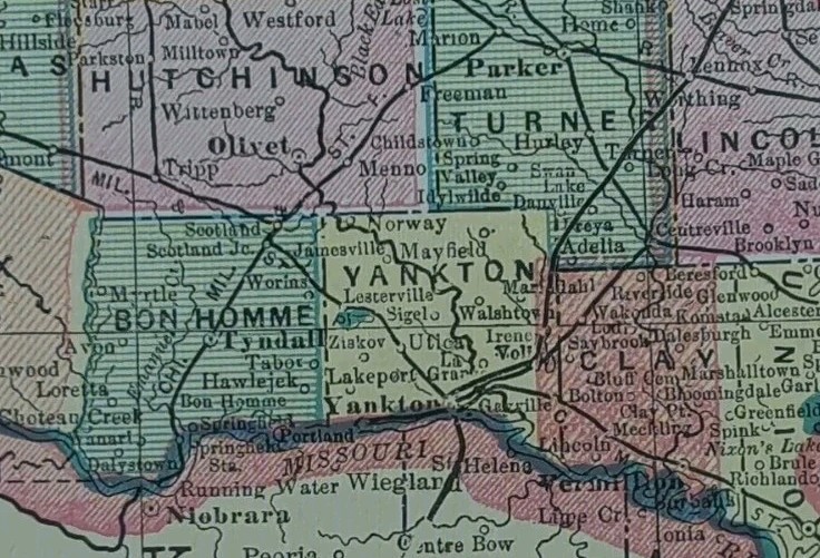 Vintage 1896 SOUTH DAKOTA Map 14″x11″ ~ Old Antique Original TYNDALL YANKTON SD
