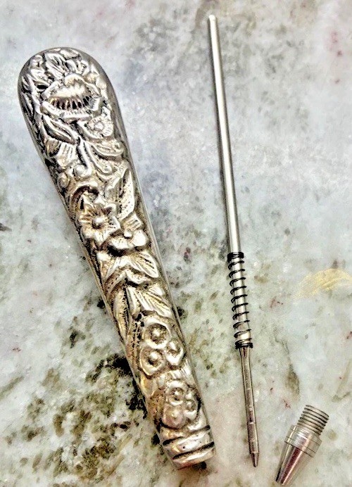 Antique Repousse Embossed Floral Design Silver Writing Pen 4 1/2” L3