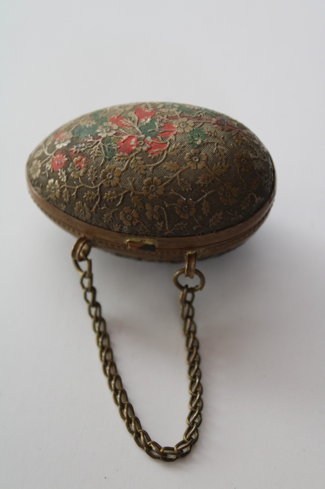 Antique 19th Century Painted Brass Egg Chatelaine Thimble Case w/ (2) Thimbles