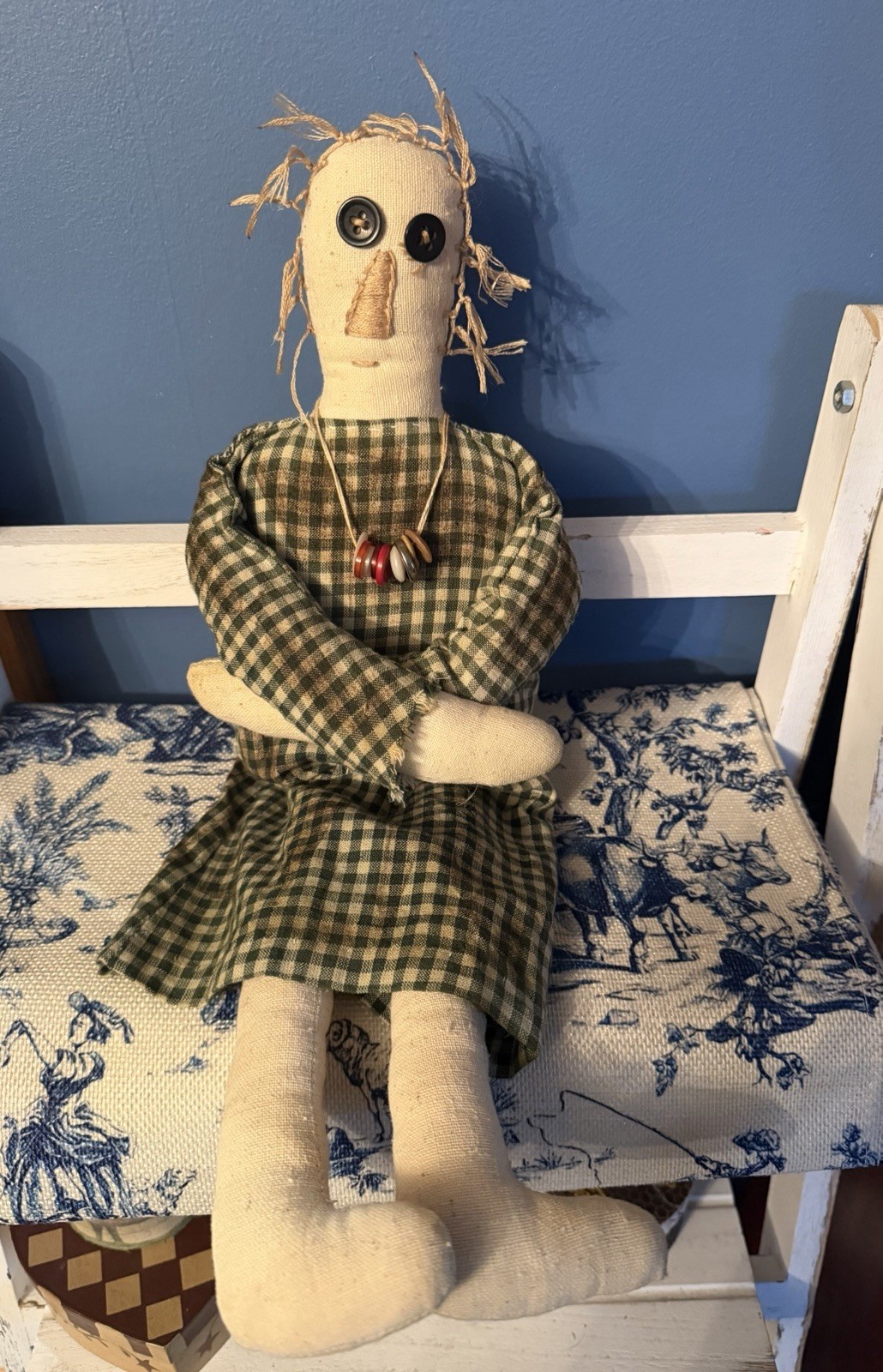 Primitive Folk Art Doll Grungy Handmade 17.5” Button Necklace Crossed Arms