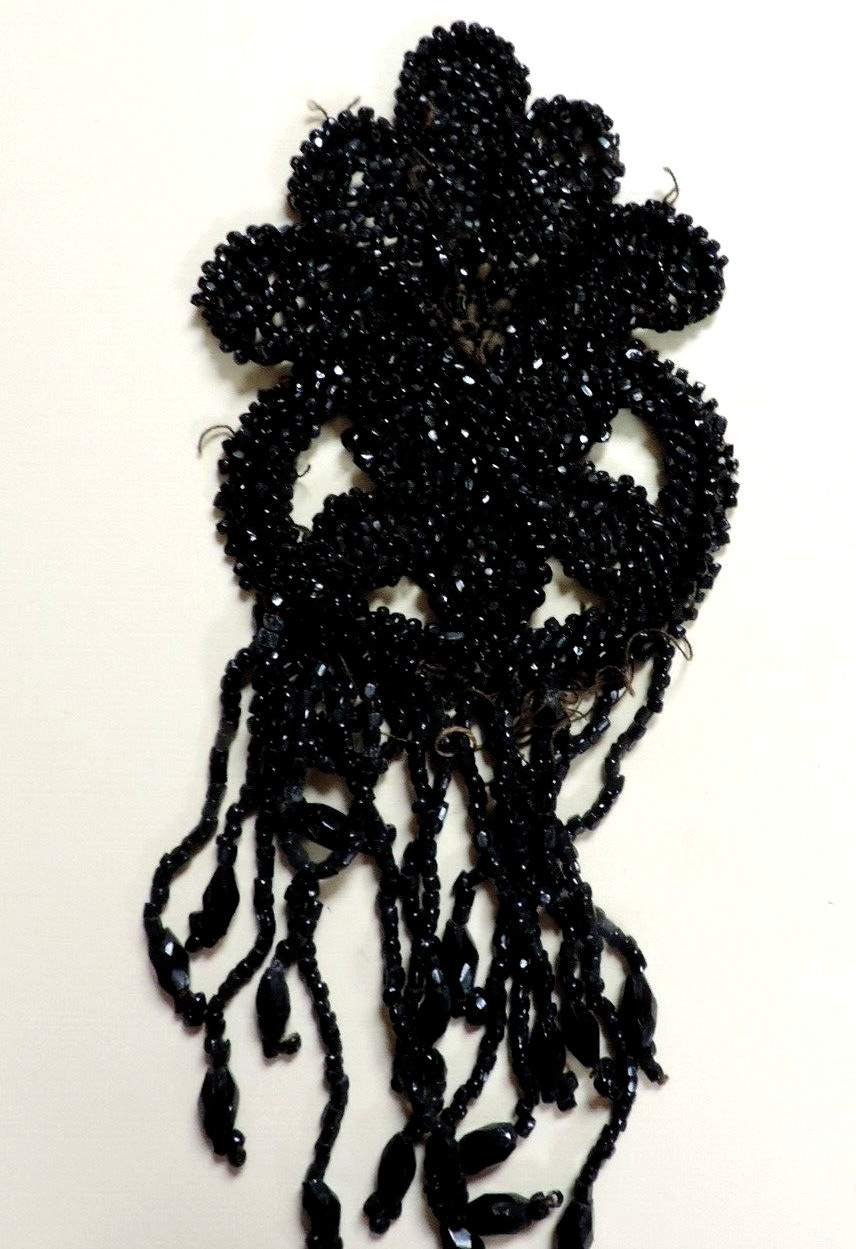 1890s Victorian Handmade Fine Thread Beaded Morning Trim Appliqué Black 3″ x 7″