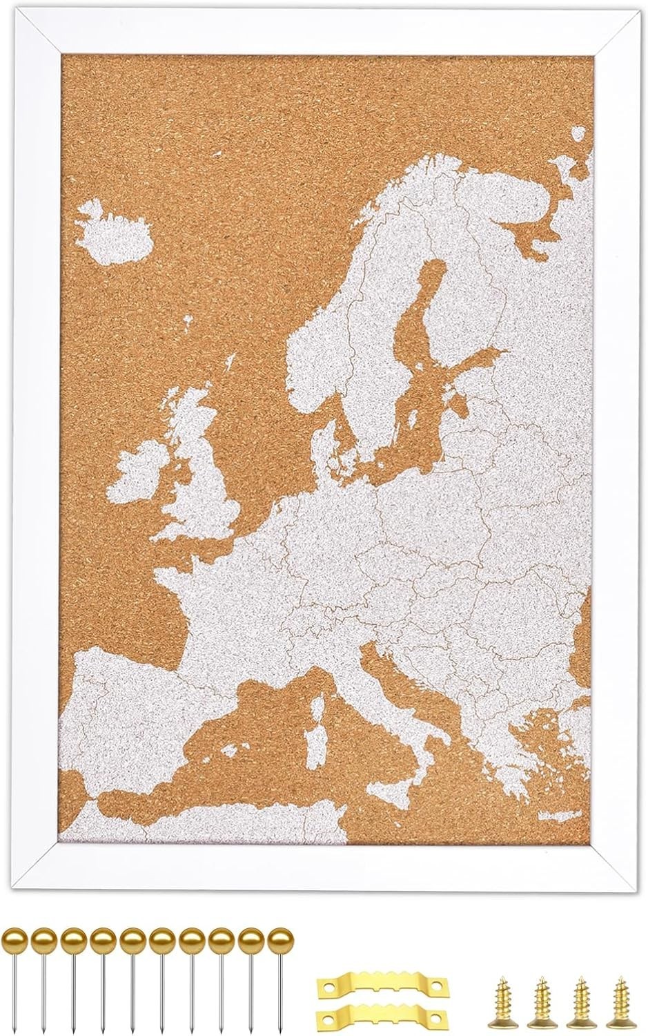 Cork Board Map of Europe, 25 x 34 cm Europe Map in White with 10 Pins, (EU-MAP)
