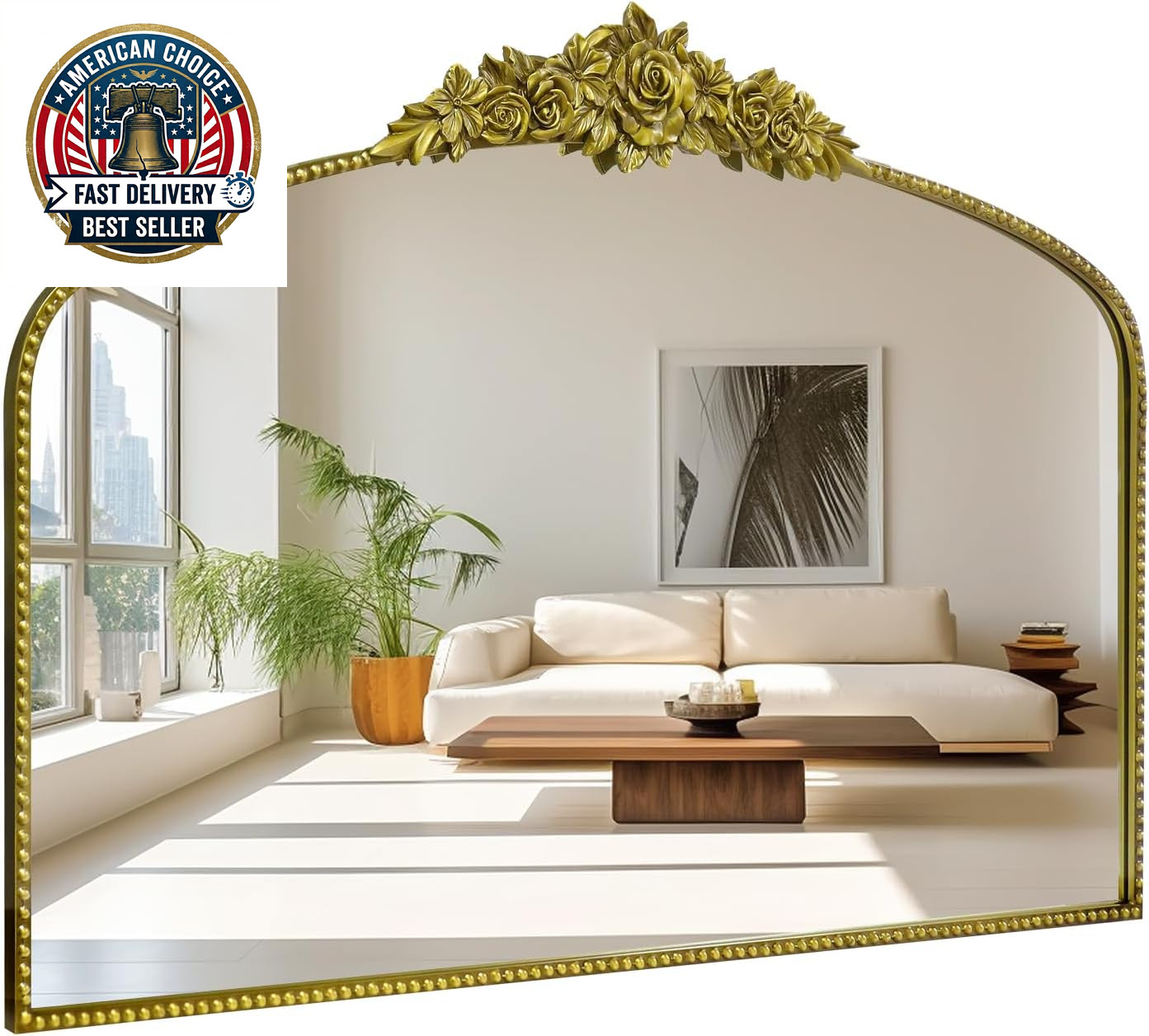 Antique Gold Arched Wall Mirror, 48″X30″ Baroque Vintage Mirror with Ornate Meta