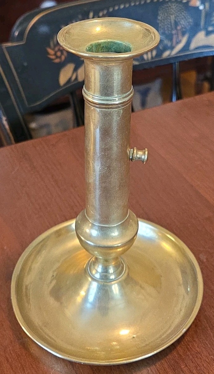 Antique Brass Push Up Candlestick Holder Chamberstick 19th Century Saucer Base