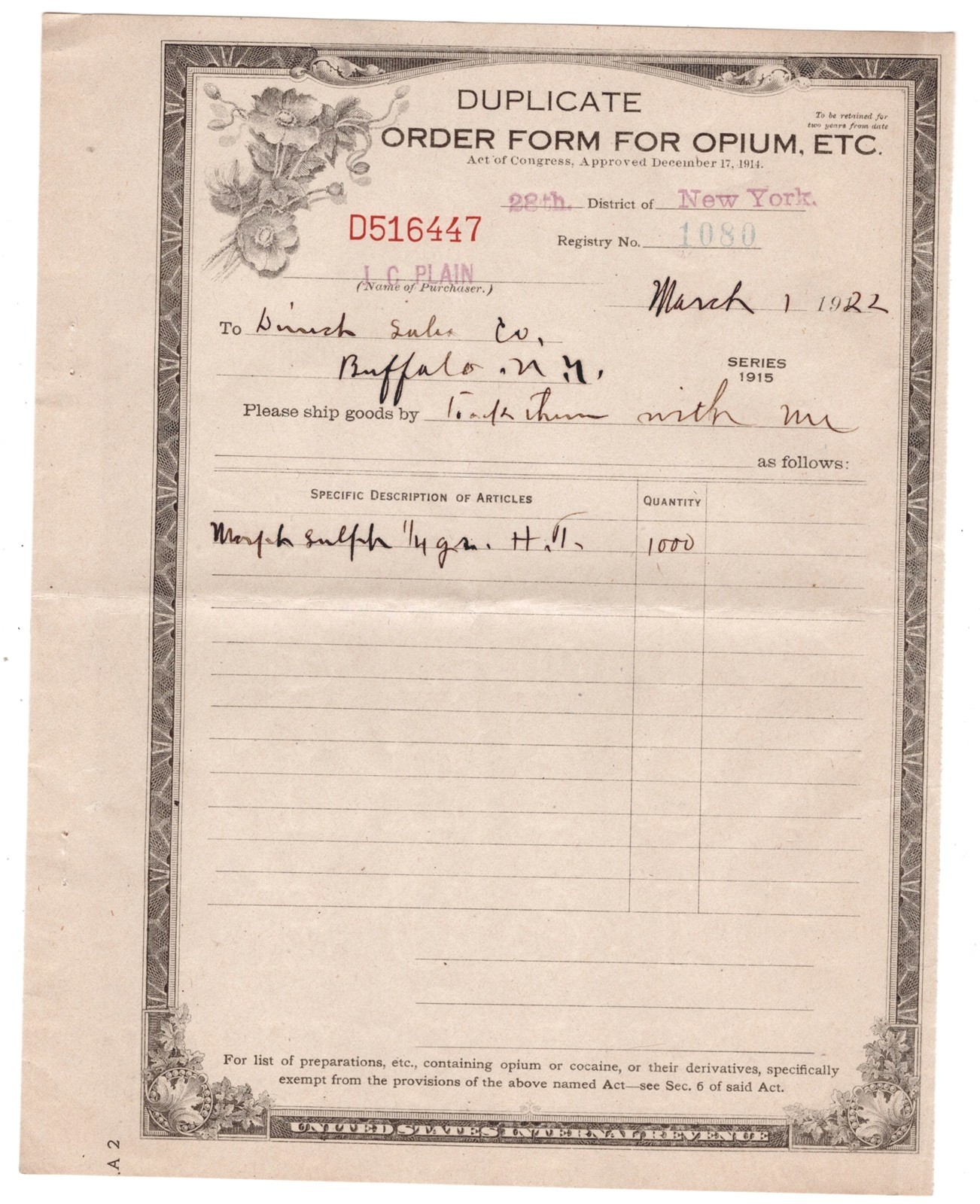1922 ORDER FORM FOR OPIUM BUFFALO NY
