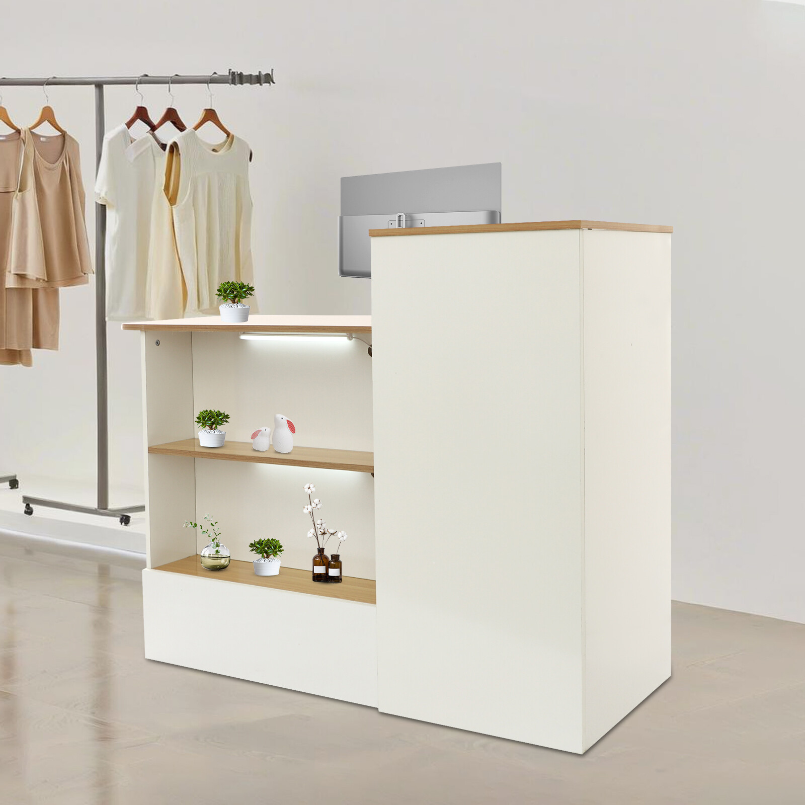 Modern Reception Desk w/Locking Drawer, Open Shelves White+Natural Finish 47.2in