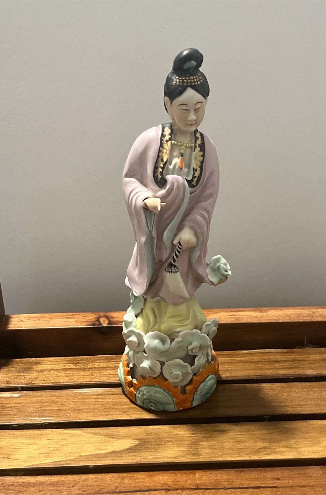 Antique Chinese Gilt with Famille Rose Porcelain Guanyin Statue 12″ Tall