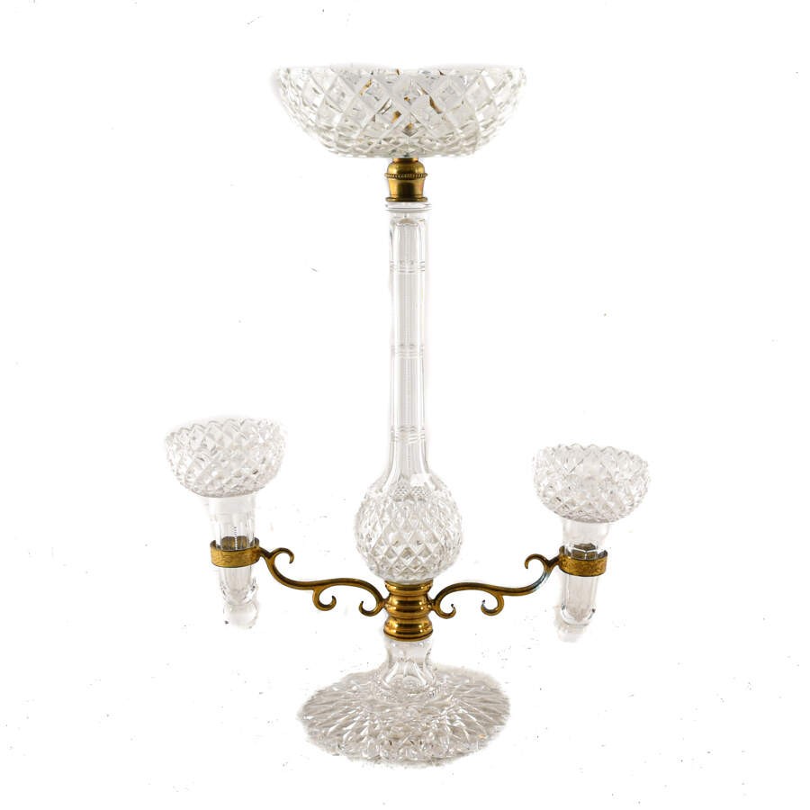 Antique Cut Glass and Gold Tone Metal Candelabra