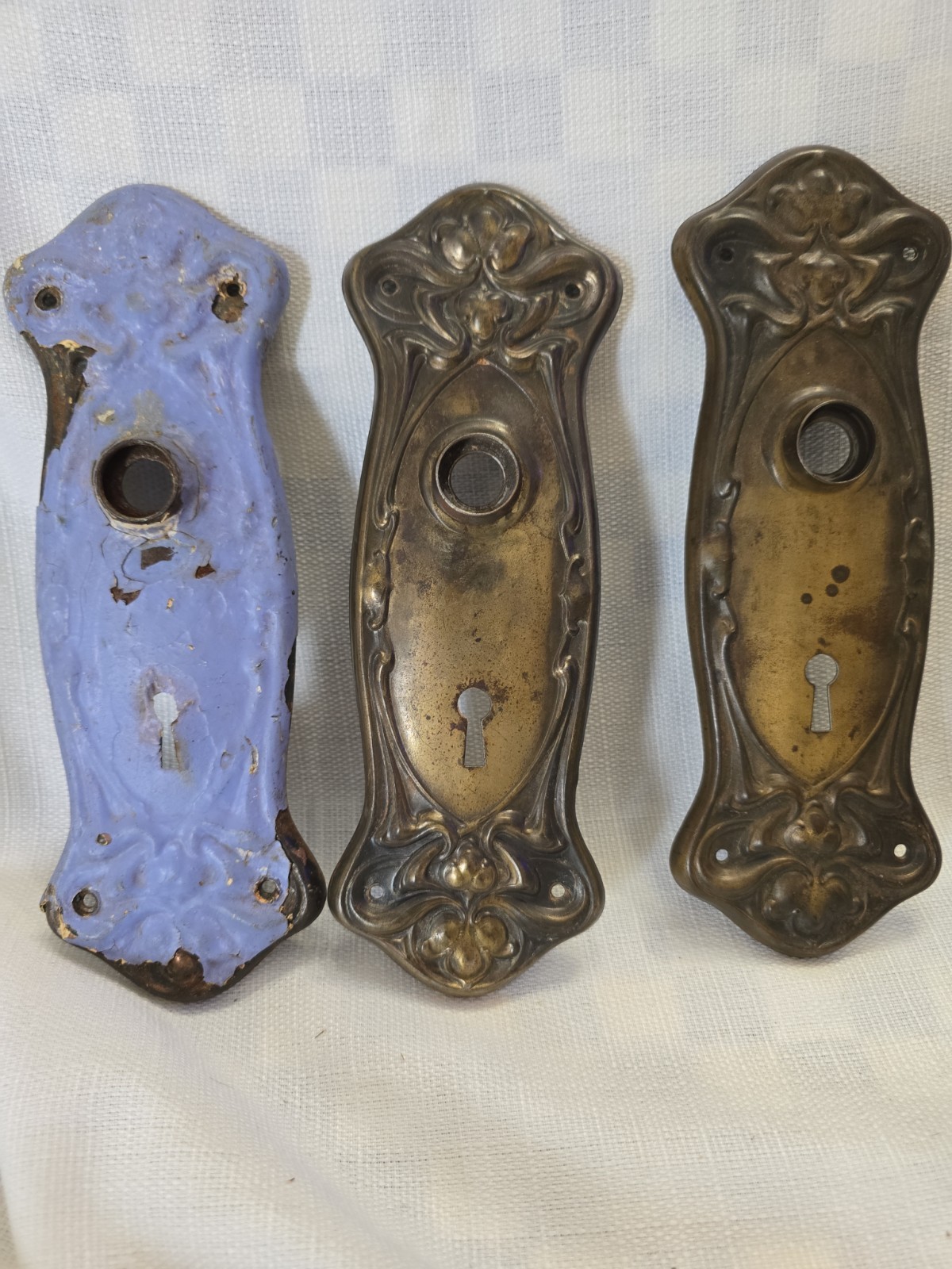 3 Art Nouveau Brass? Painted Steel Door Back Plates