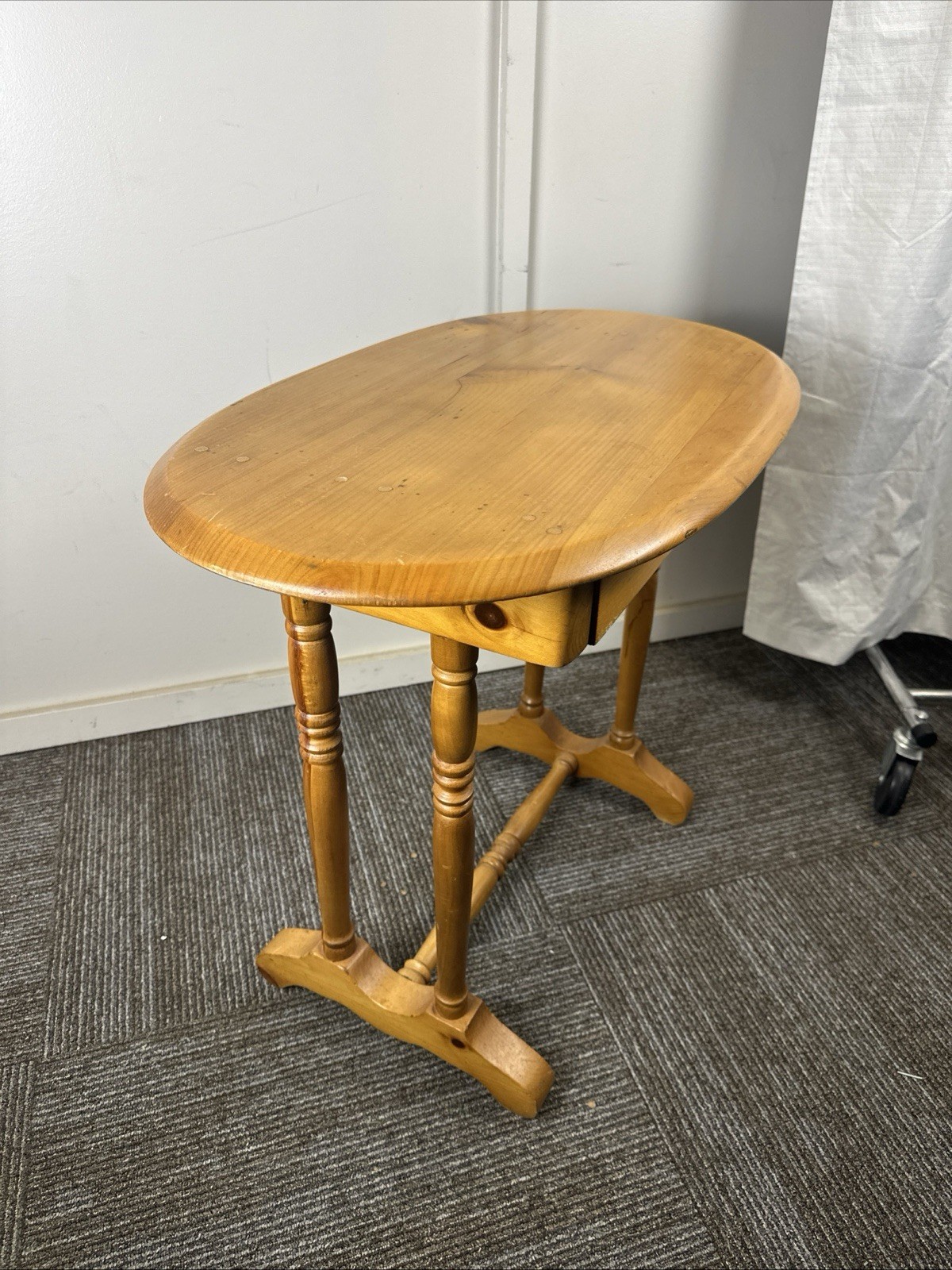 Antique Pine Bedside Table C. 1890-1915 Pegged Construction Oval Top Solid Wood