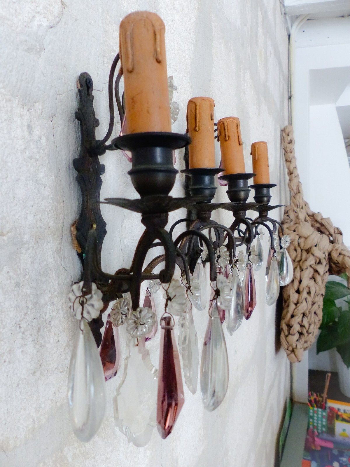 Charming 19TH Gorgeous PAIR Wall Light Bronze & Clear Crystal Drop Sconces