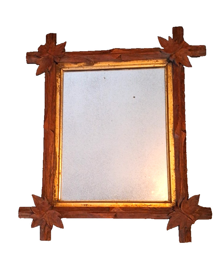 Antique Adirondack Black Forest Style Tramp Art Carved Wood Frame Mirror