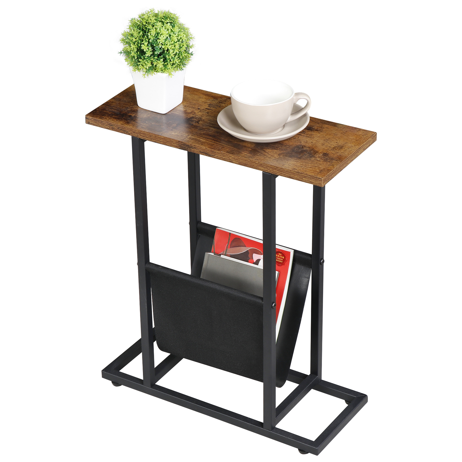 Narrow Side Table for Small Spaces w/Metal Frame Magazine Holder Rustic Brown