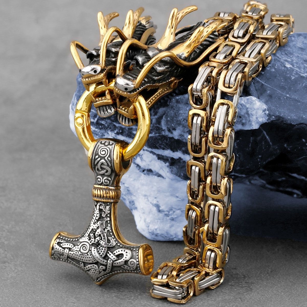 Heavy Metal Dragon Head Link Bracelet Gold Silver Contrast Punk Biker Bracelet