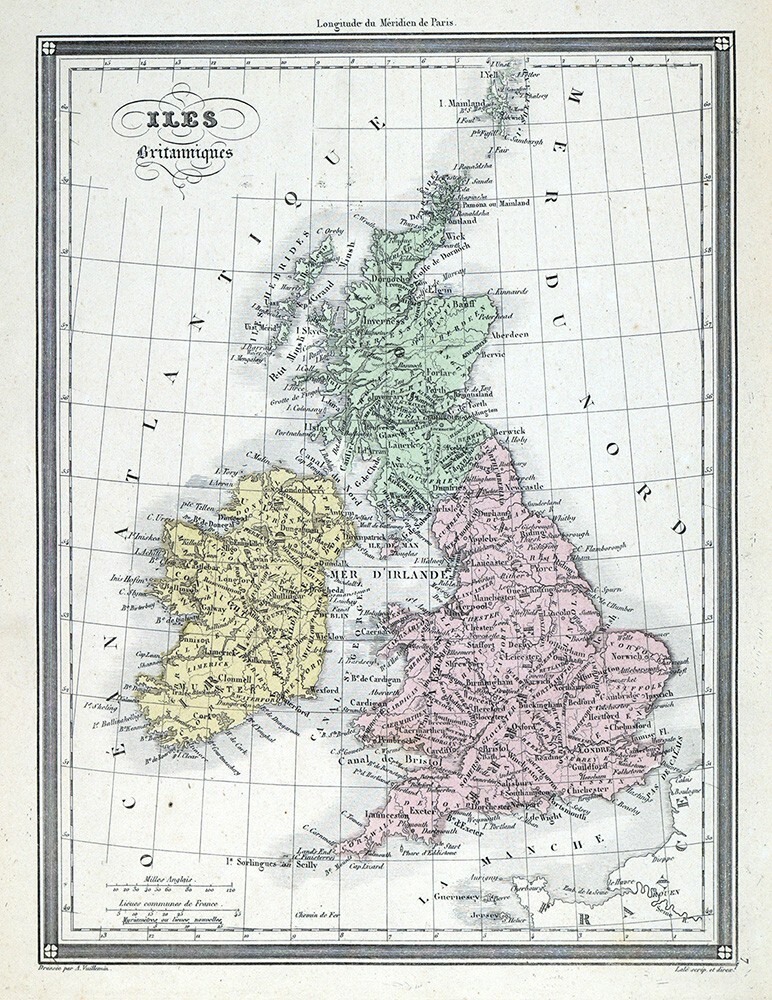 1850 Vuillemin Map British Isles United Kingdom England Scotland Ireland London