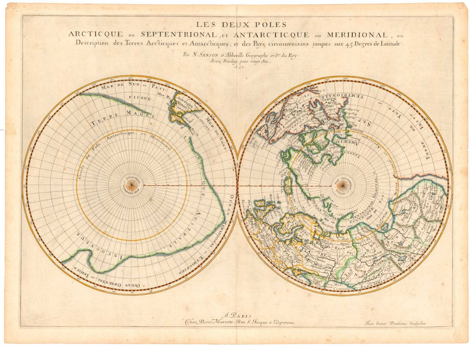 1657 Sanson Dual Hemisphere Polar Projection World Map – ‘Les deux poles…’