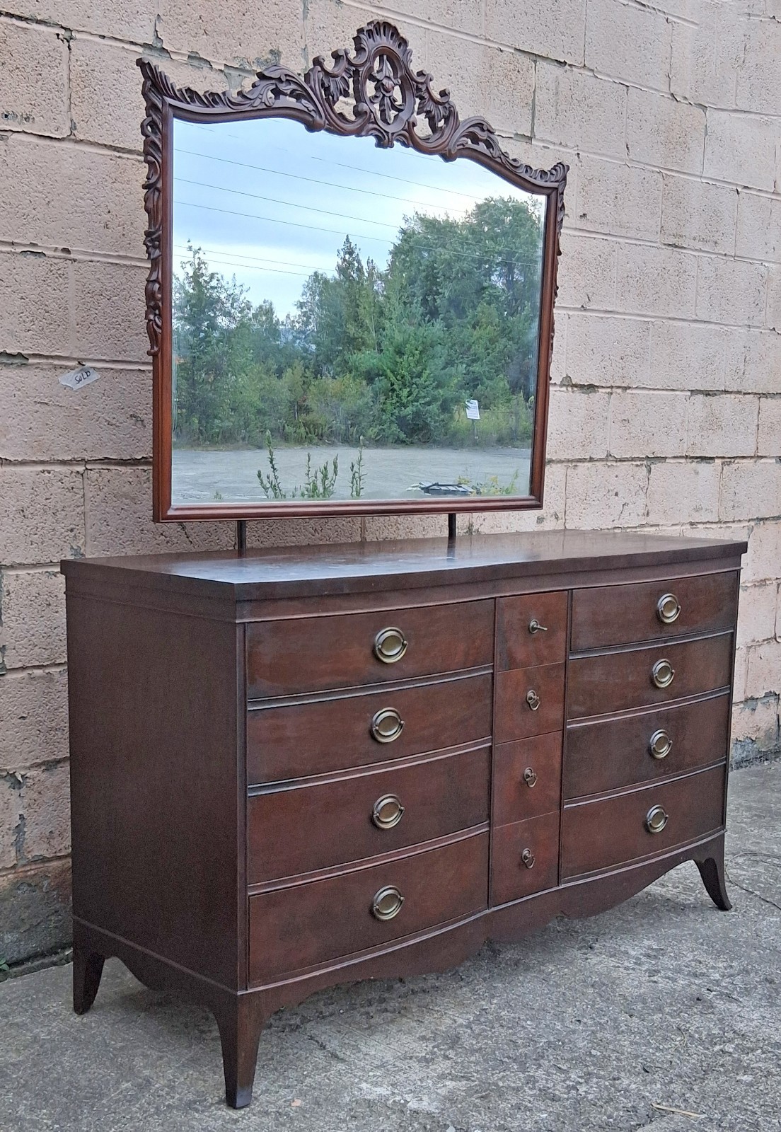 Antique Vintage Colonial Birch Wood Wooden Dresser Drawer Chest Server Mirror