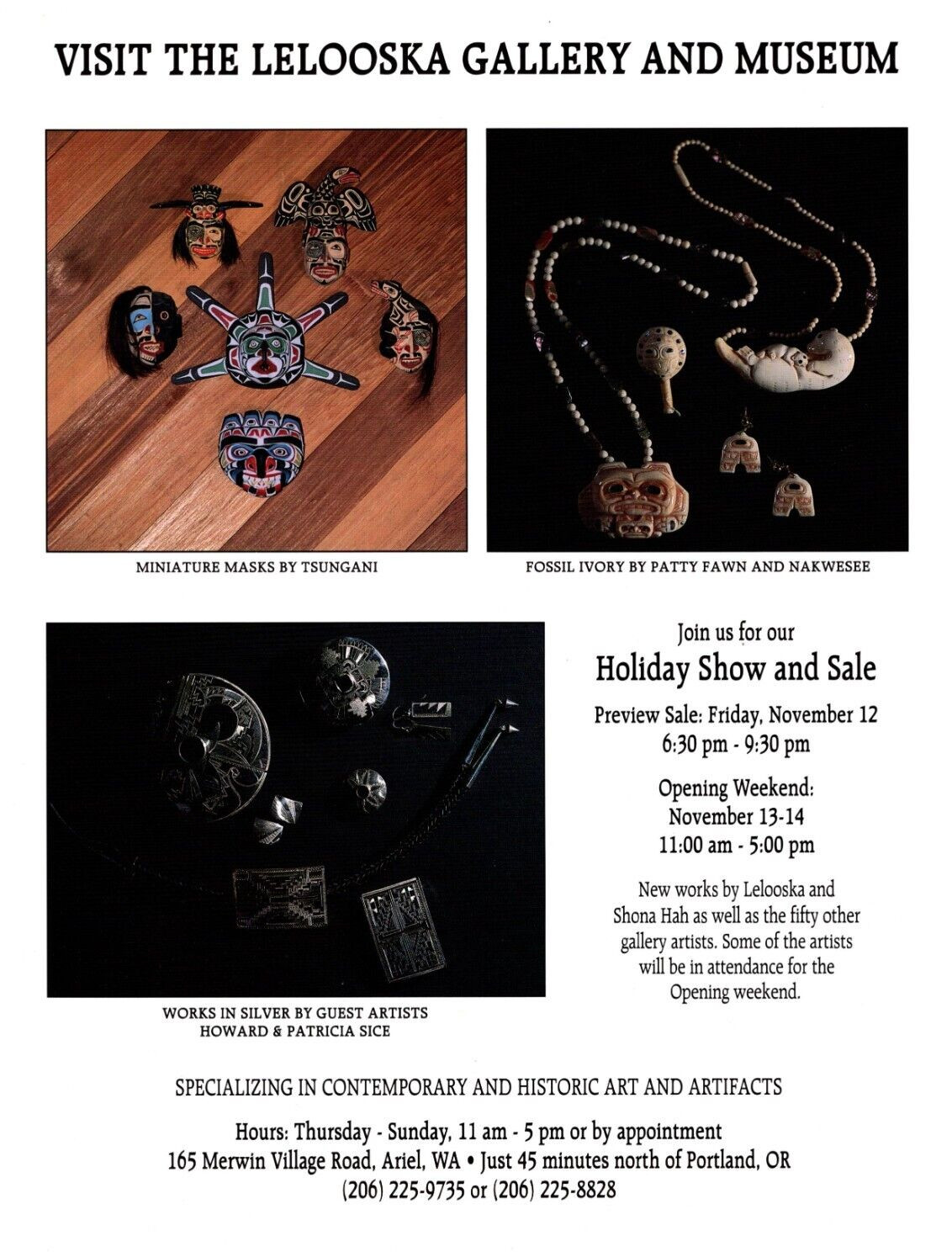 1993 AMERICAN INDIAN JEWELRY PRINT AD, LELOOSKA GALLERY SILVER, MASKS, PRINT AD