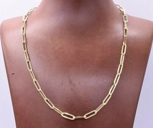 4mm Paperclip Long Chain Necklace 14K Yellow Gold Plated All Sizes Available