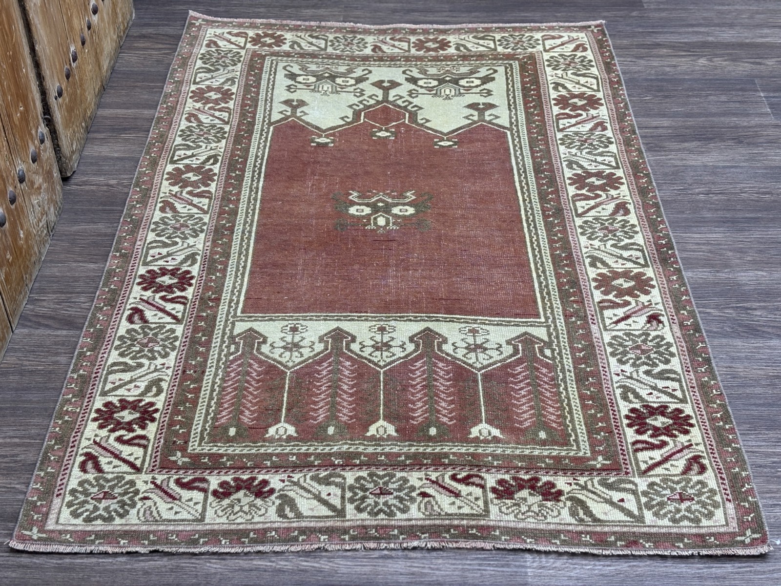 4×6 Brown Green Vintage Turkish Area Rug, Hand-Knotted Wool Rug, Living Room Rug