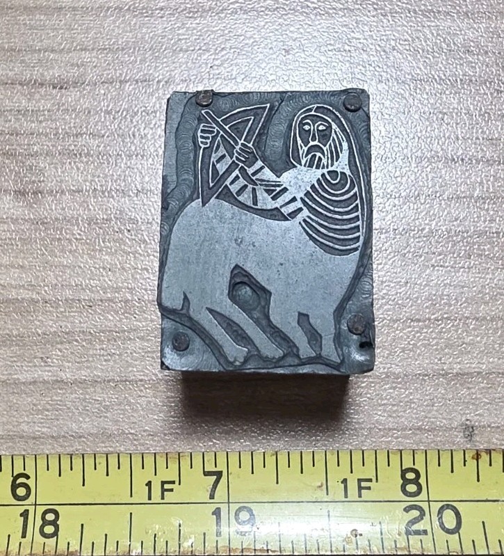 Vintage Letterpress Printing Block Sagittarius Goat Man Zodiac Astrology