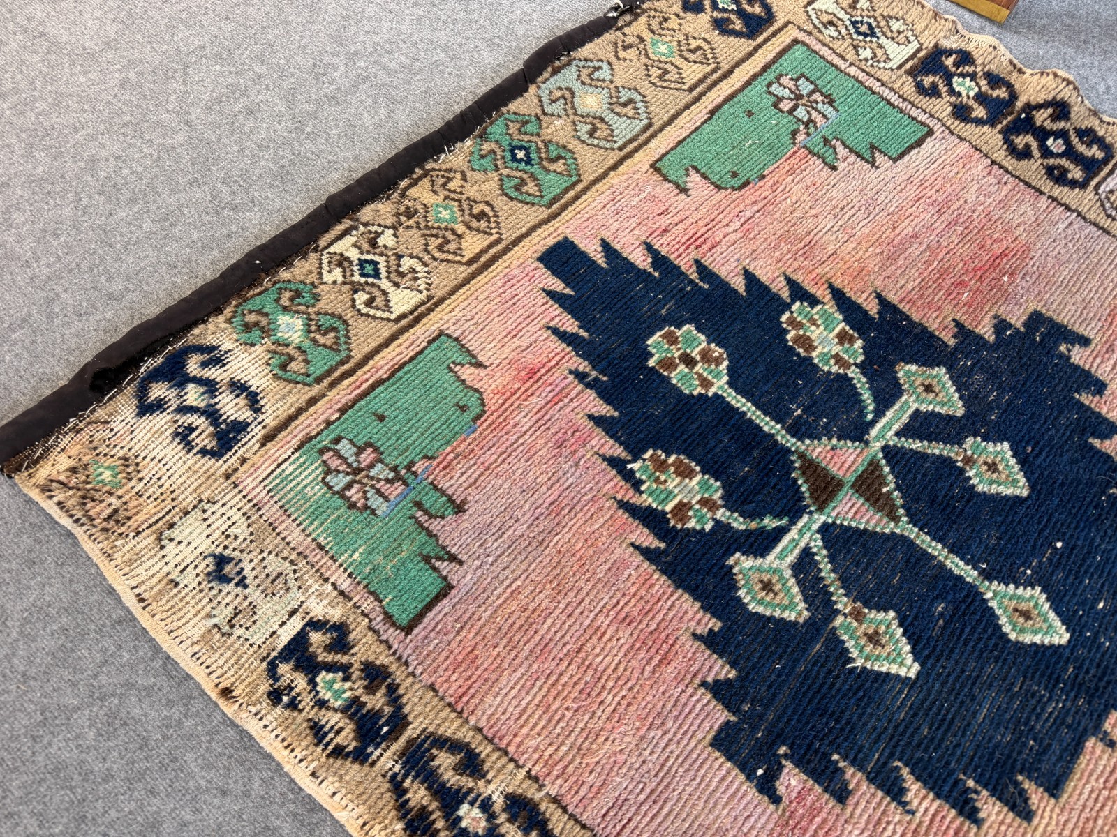 Vintage Turkish Oushak Rug 3×5 Ft, Handmade Anatolian Wool Rug Blue Boho Accent