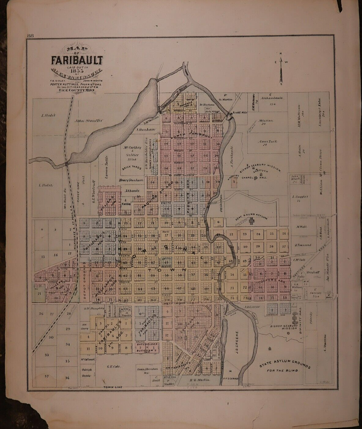 1874 Plat Map ~ City of FARIBAULT, RICE County, MINNESOTA / RICE Co. on Reverse