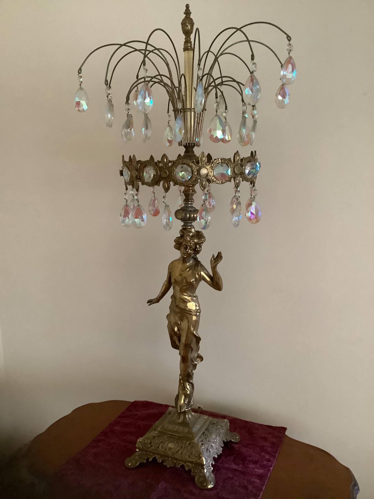 VTG 1960s HOLLYWOOD REGENCY WATERFALL BRASS LAMP CRYSTAL PRISMS ELEGANT LADY 39”