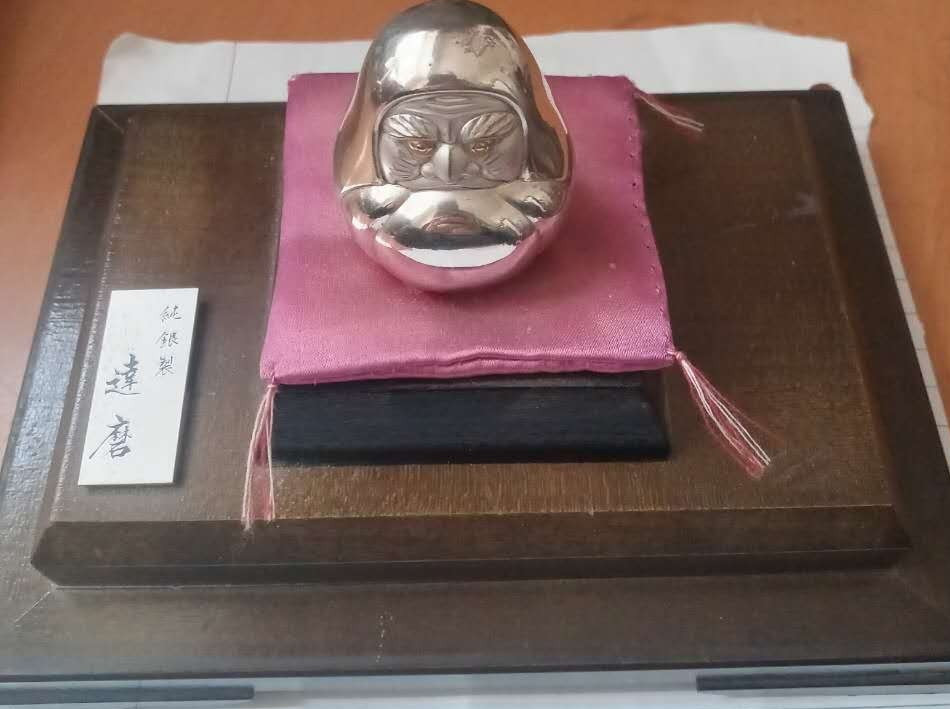 Vintage Sterling Silver Japanese Lucky DARUMA Figurine Statue Wood Display