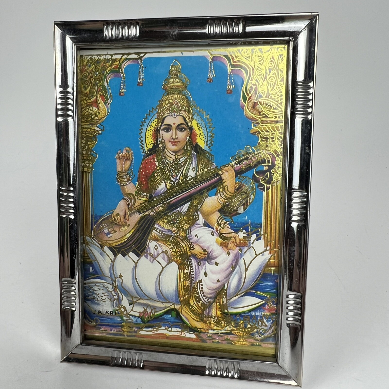 Antique Vintage Old Print Hindu Religious Goddess Saraswati Framed Wall Gold