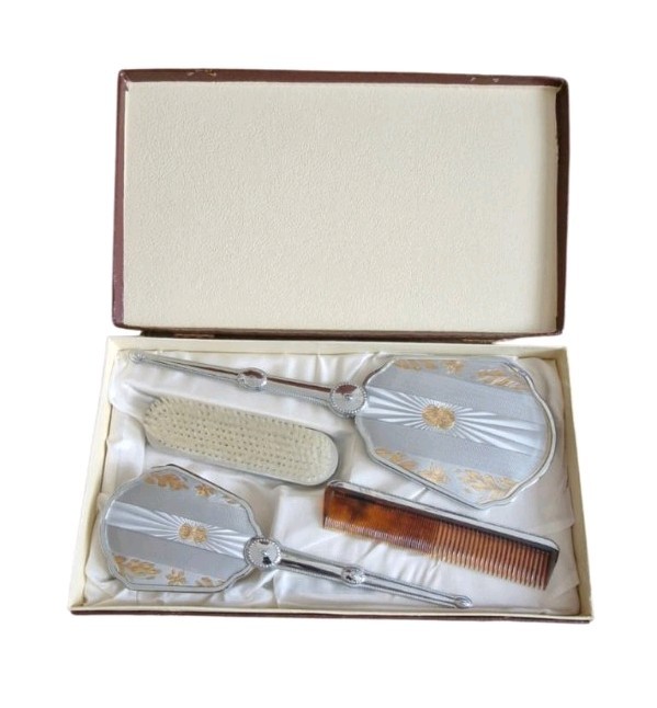 Regal Silver Plated 4-Piece Vanity Dresser Set – Mirror/2 Brush/Comb
