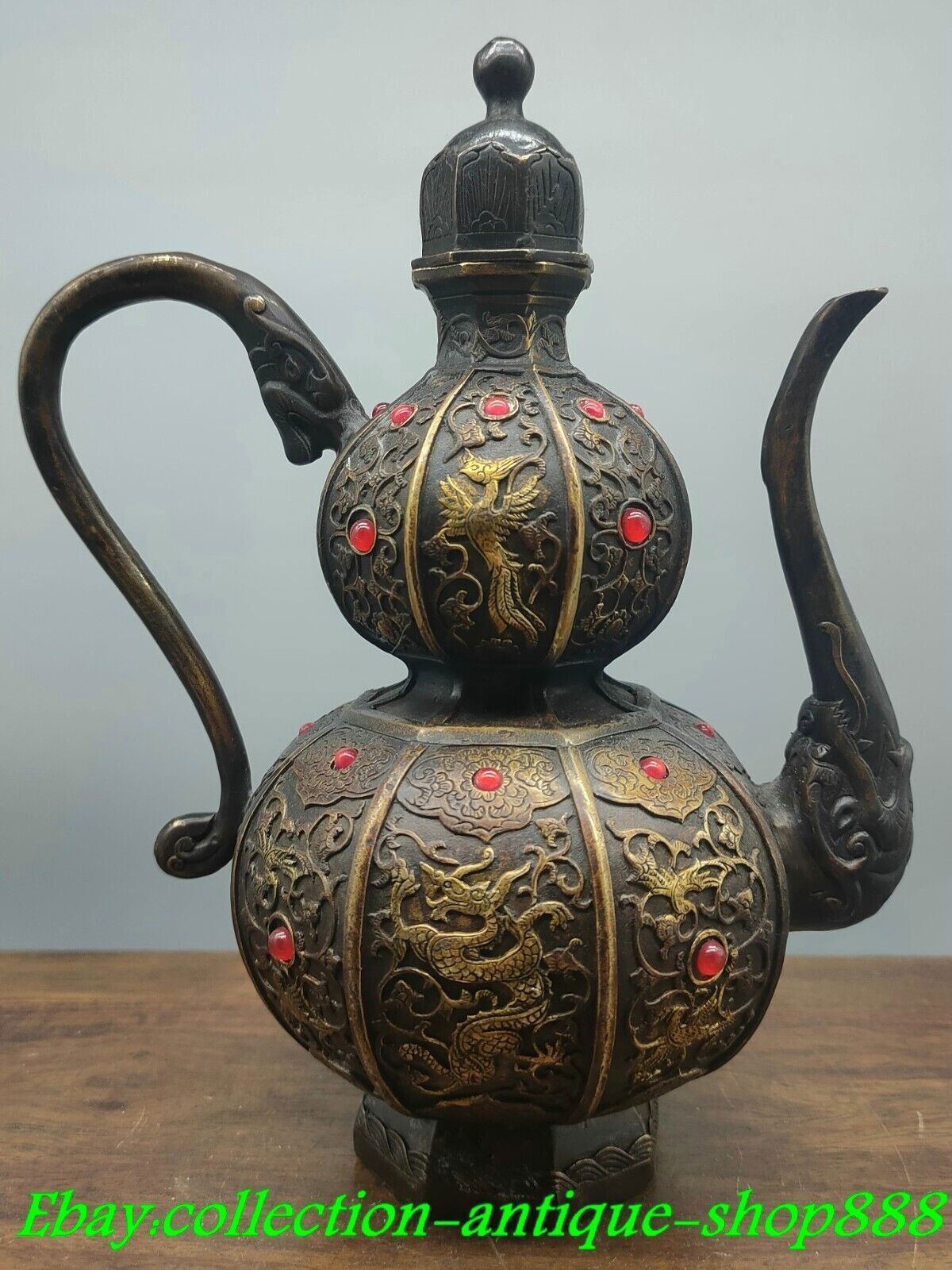 8.6″Old Chinese Dynasty Bronze Gilt Gems Dragon Phoenix Tree Wine Tea Pot Flagon