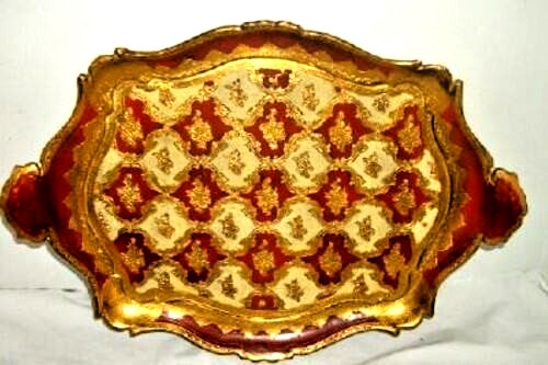 Italian Florentine Gilt Wood Tray Red Ornate Handles Delicate Etched Floral 1960