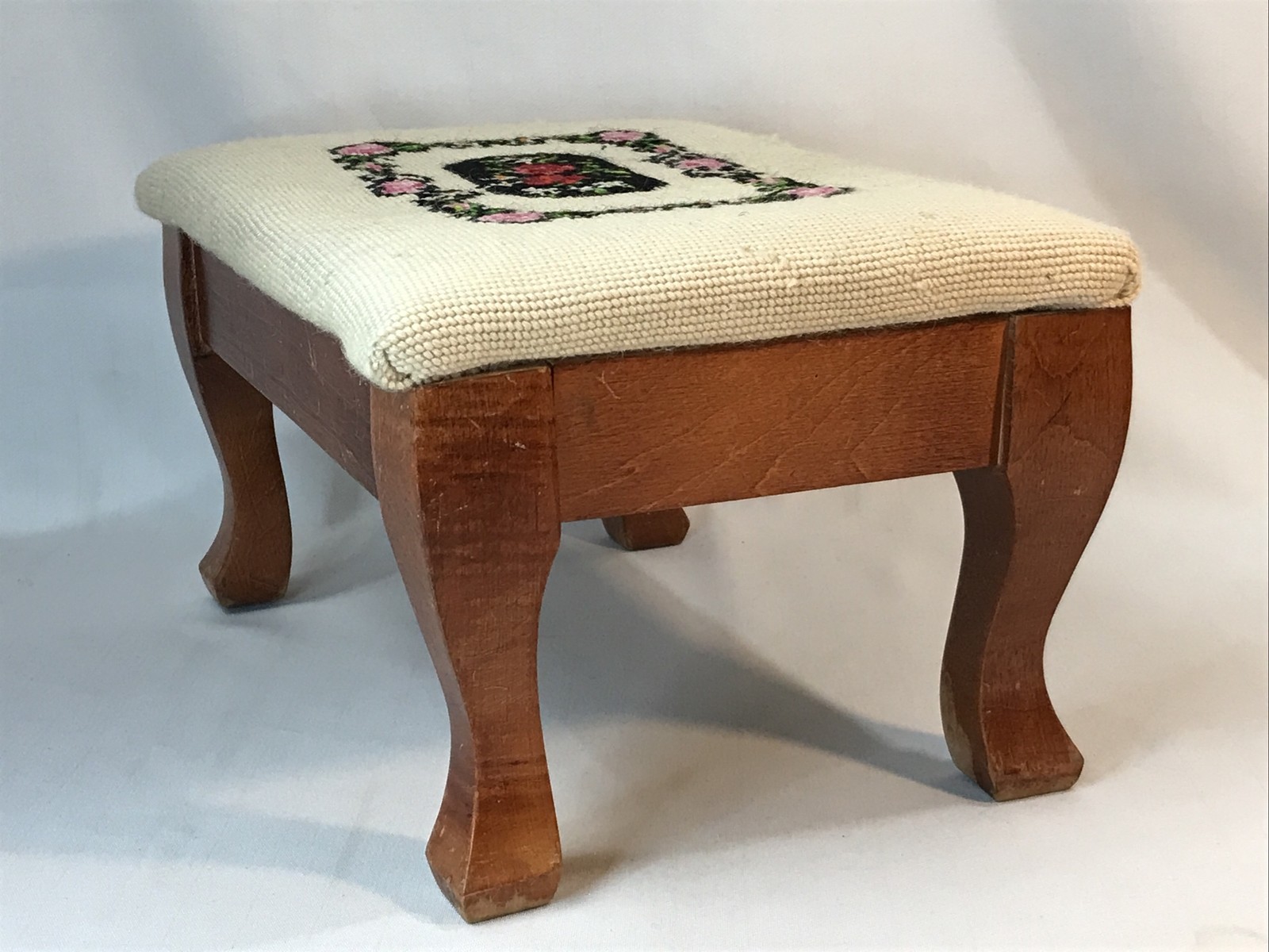 Vintage Floral Needlepoint Footstool Wool Rectangular Victorian Flowers Blue 14”