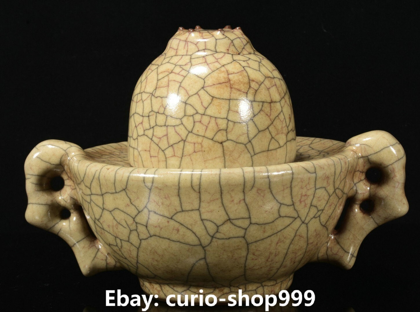 6.7″ Old Chinese Song Dynasty Ge Kiln Porcelain 2 Ear Cup Base Flagon Statue Set