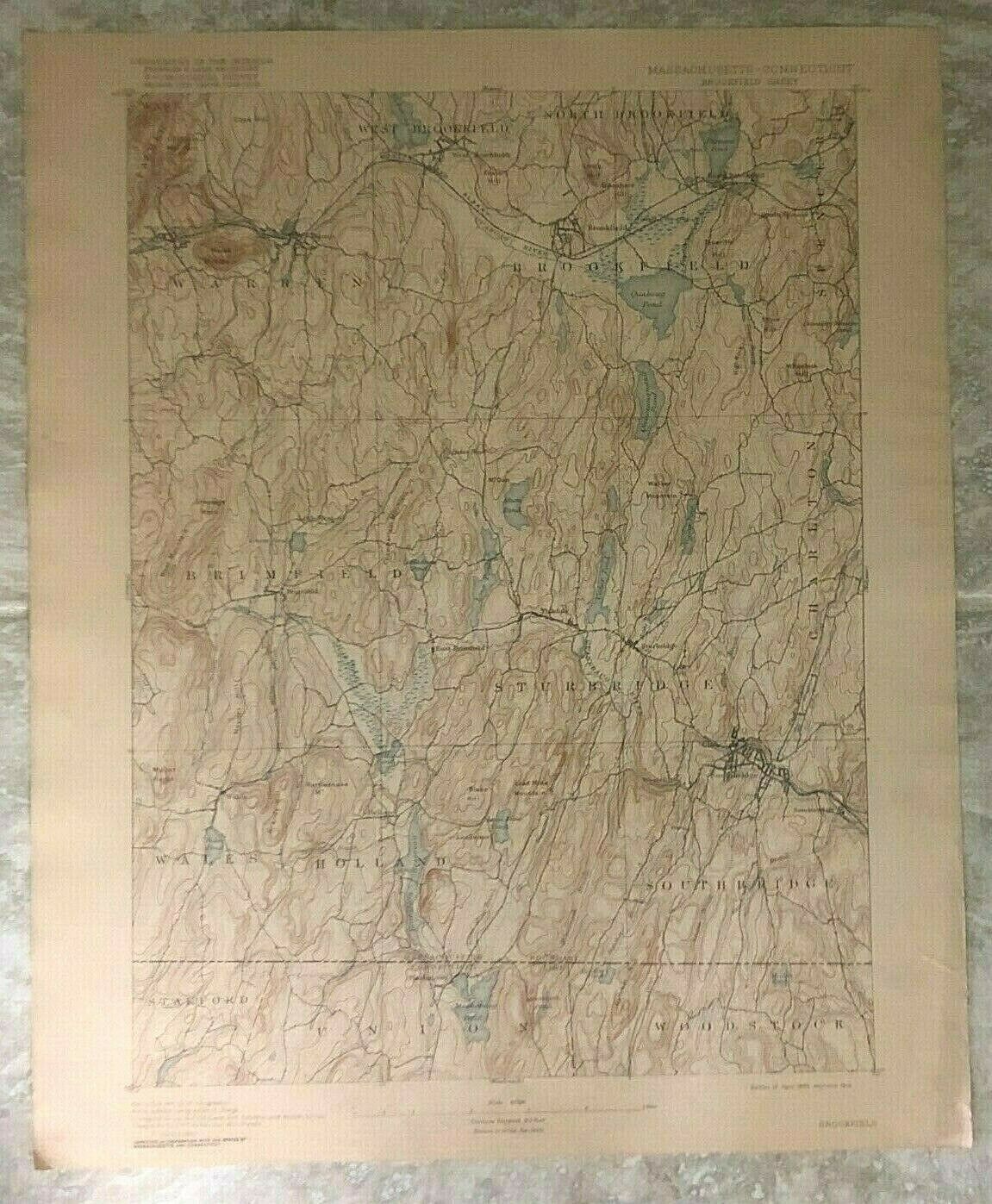 Antique 1916 Geological Survey Topographic Map MA Brookfield Sturbridge & Others