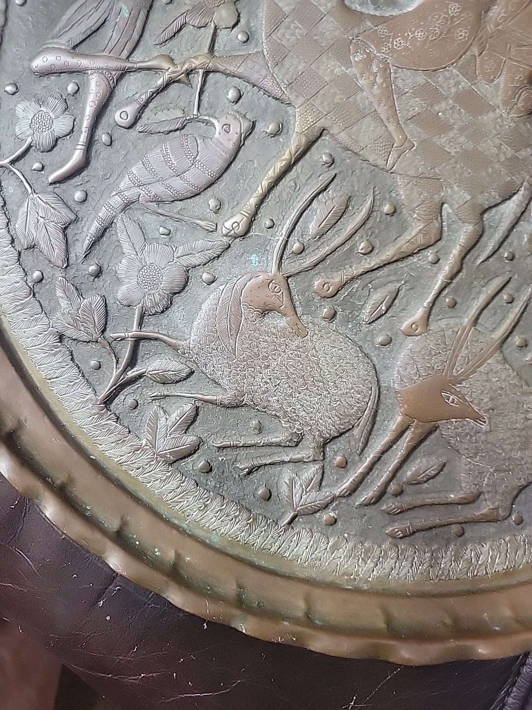 Antique Middle Eastern Brass Hand Tooled India Tray 15.5″ Round Hunting Scene