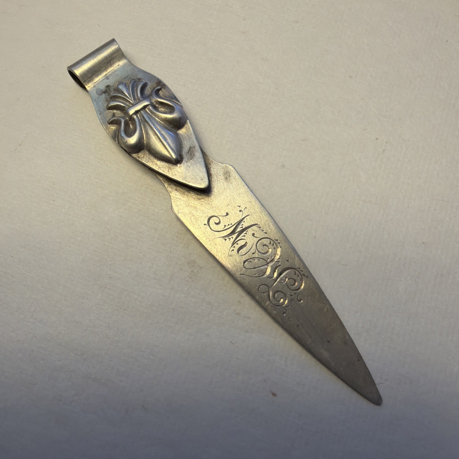 Antique Sterling Silver Fleur de Lis Bookmark LION W MARK ENGRAVED M L
