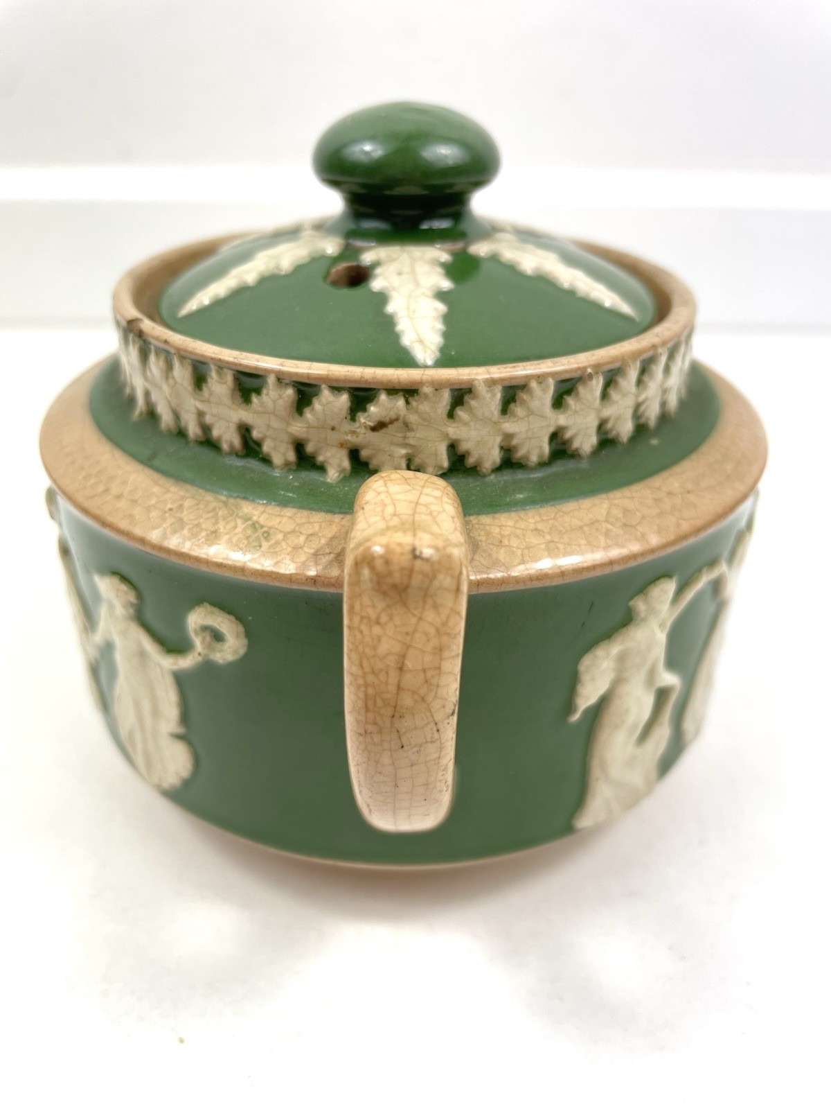 Etruscan England Antique Green Jug With Lid Dancing Hours Jasperware Relief Rare