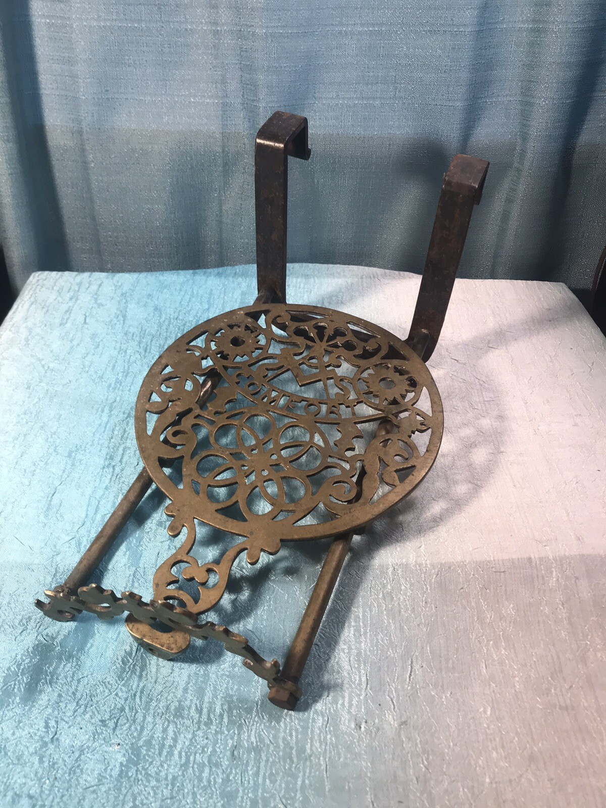 Antique Hearth Fireplace Sliding Trivet Cast Iron and Brass Masonic Symbol