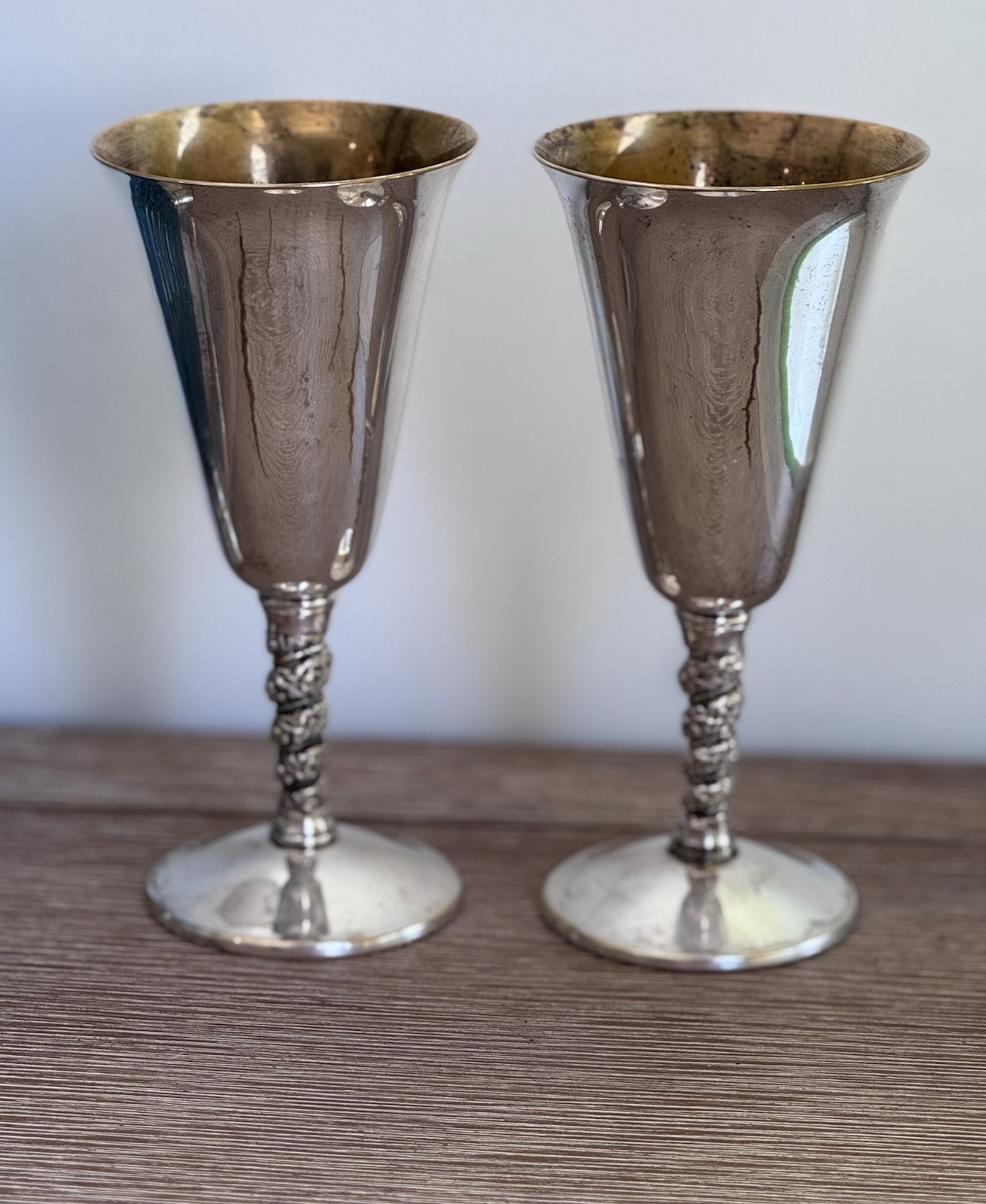 Vintage IFS Ltd Silverplate Wine Goblets Braided Vine Stem Spain Pair AS-IS Wear