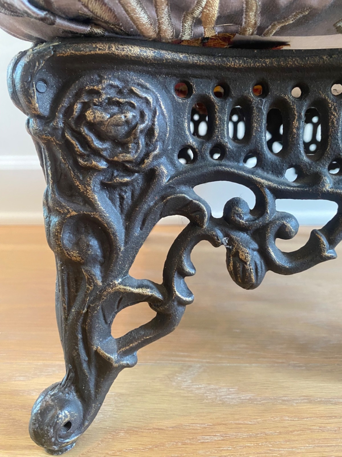 Cast Iron Victorian Footstool Vintage Embroidered Silk Chinoiserie Fabric Peony