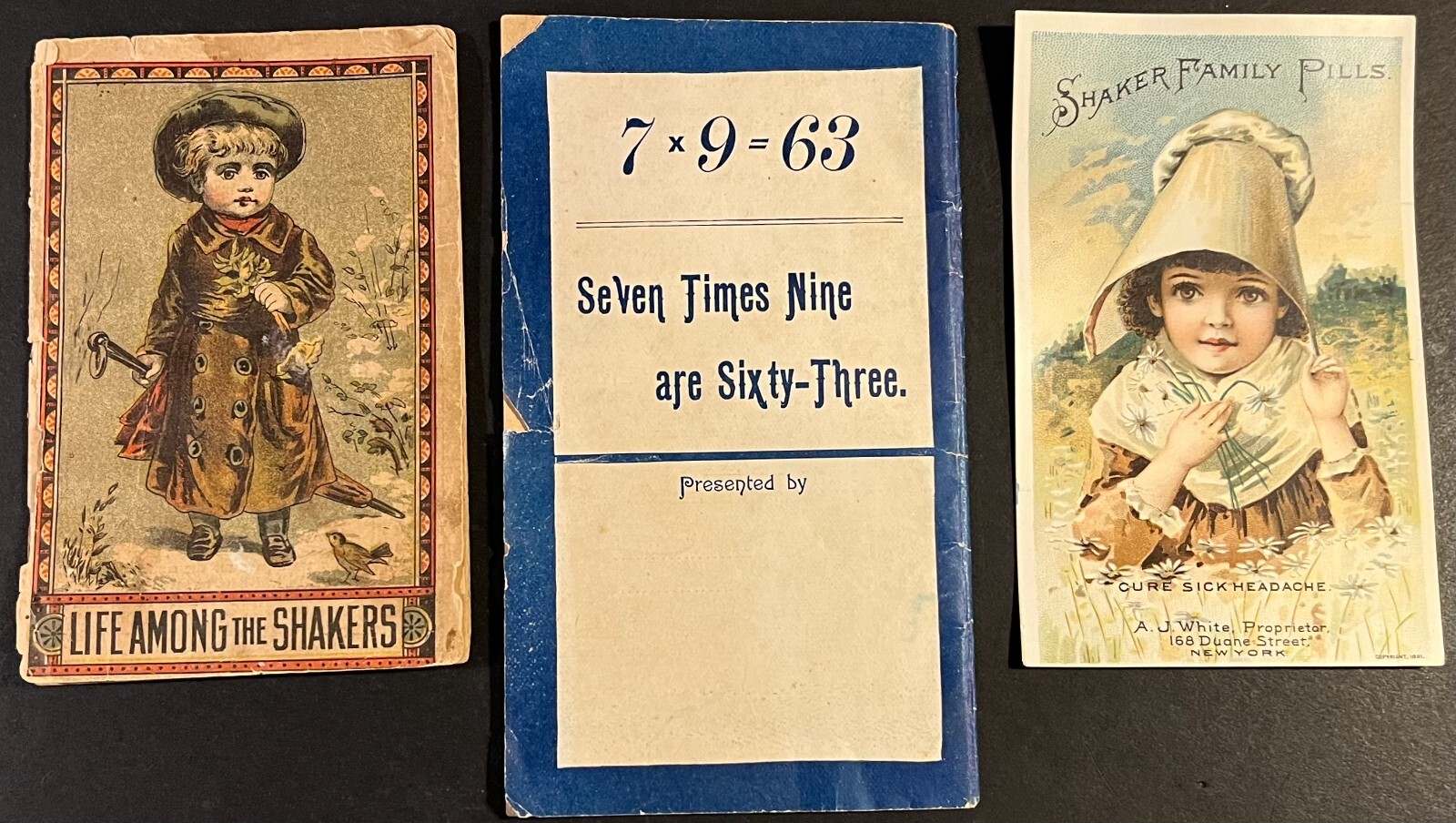 1891 SHAKER FAMILY PILLS TRADECARD & LIFE AMONG SHAKERS CHAPBOOKS QUACK MEDICINE