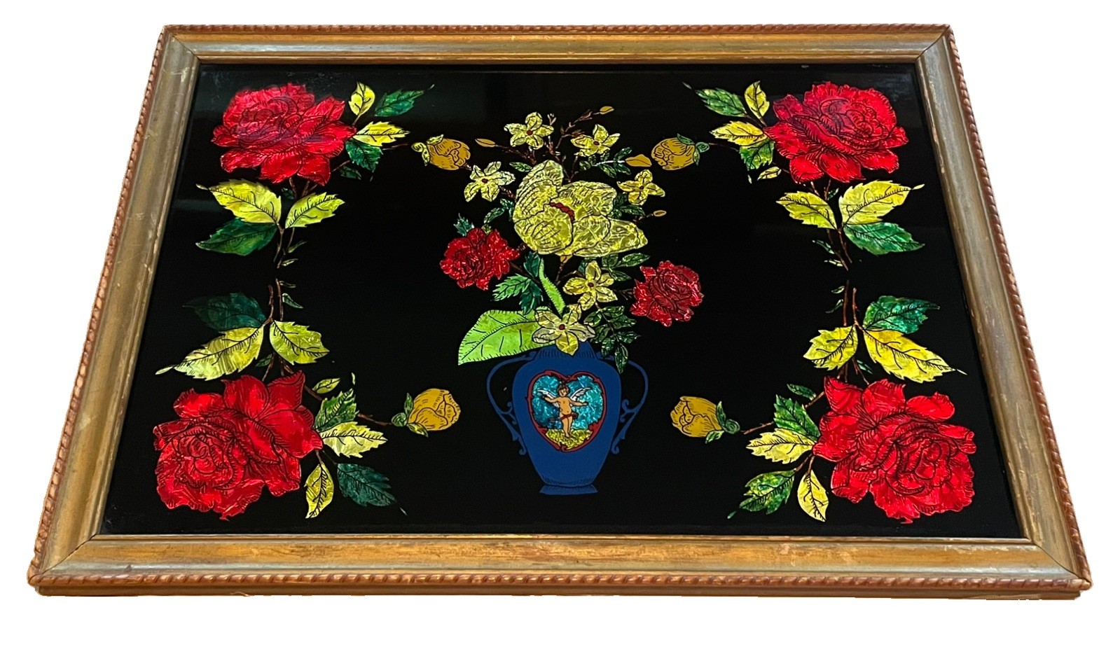 Antique Victorian Tinsel Painting Reverse Glass Foil Floral Art Vase Cupid