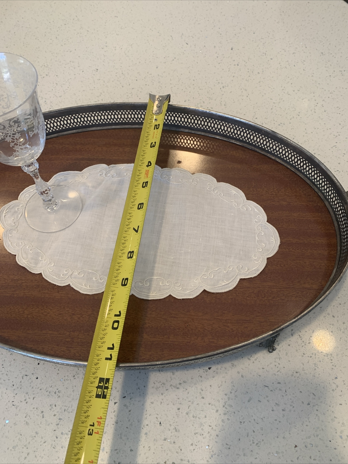 Vintage Pottery Barn Silverplate Footed Tray Handles Wooden Base Mid Century