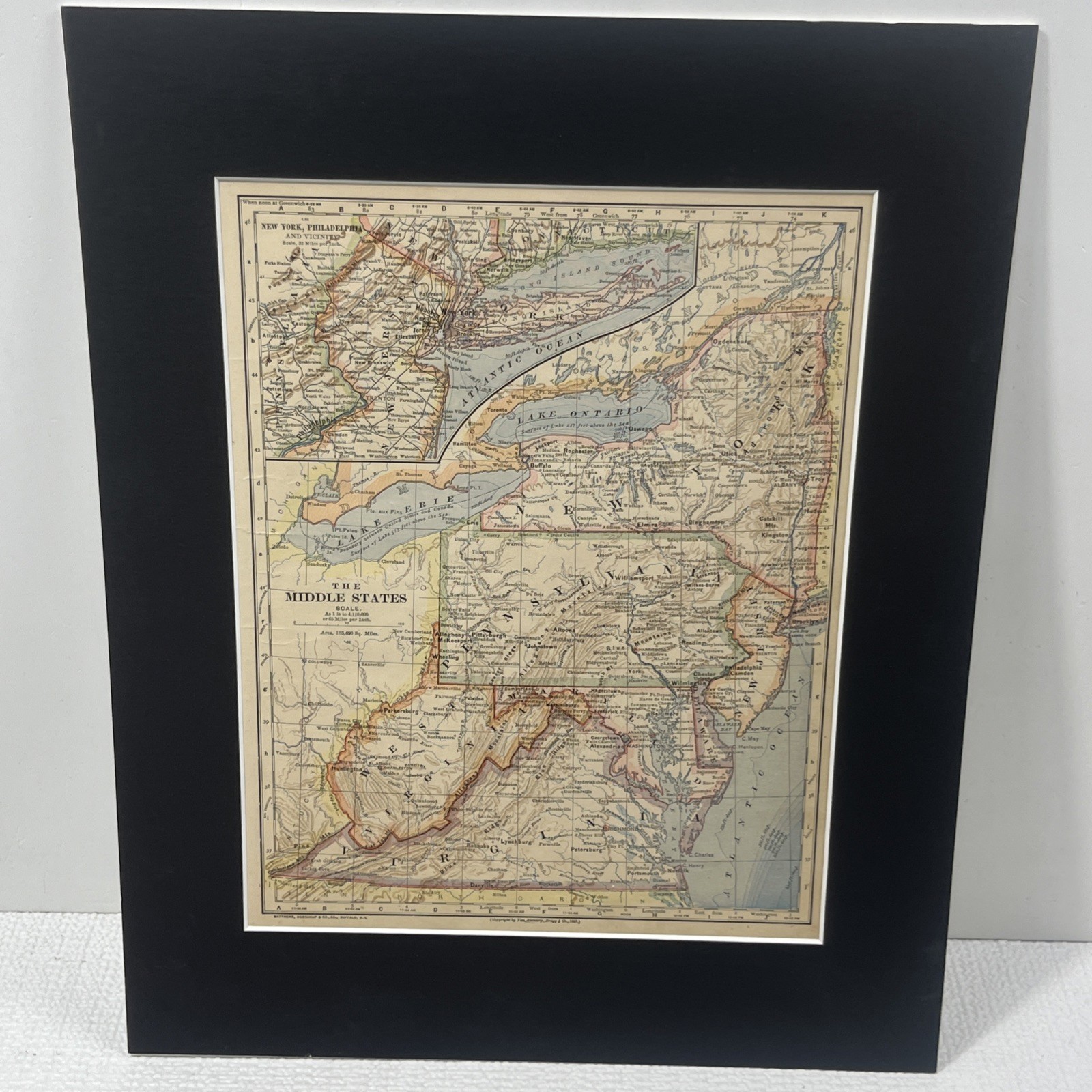 1883 The Middle States Antique Atlas Map New York Pennsylvania Ohio Matted 13×16