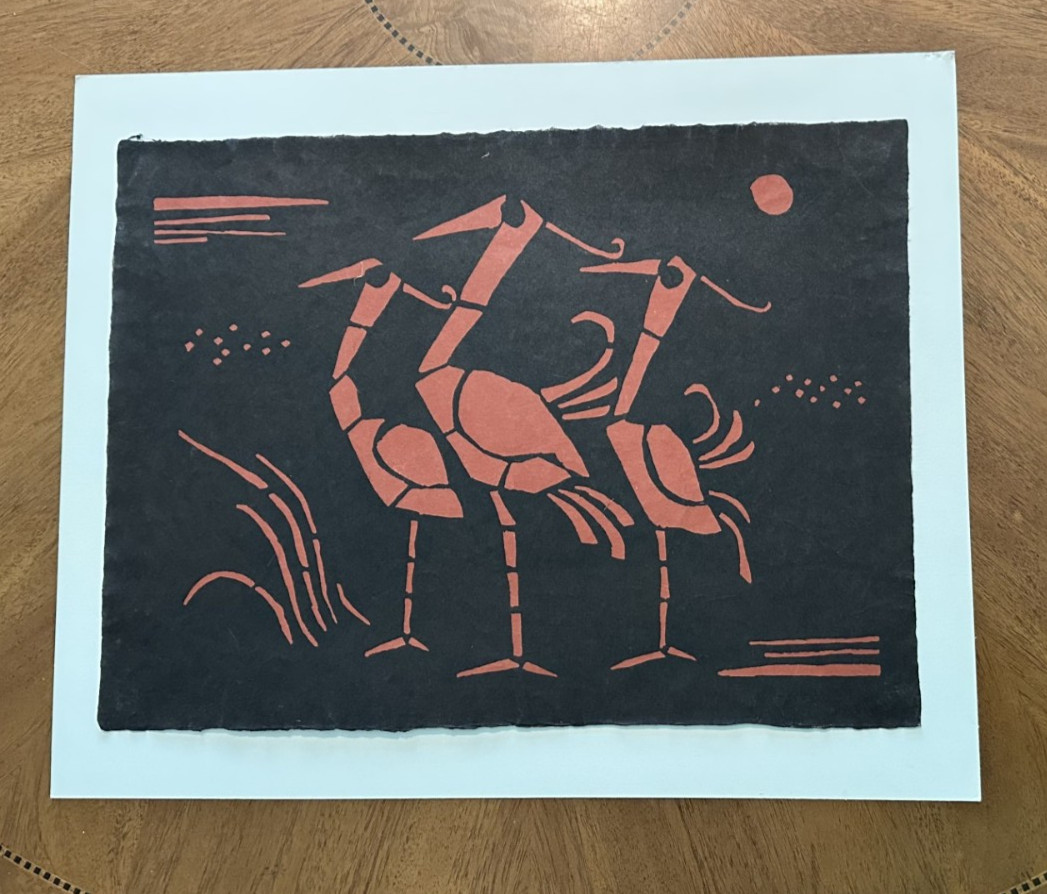 Rust Cranes Woodblock Print – Samiro Yunoki – unsigned